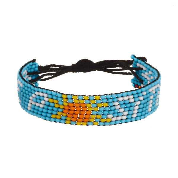 A beaded ArtiKen bracelet, handmade in Kenya, in light blue, with the words Be Positive spelled out in white text with the O in positive being a sun.