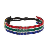A beaded ArtiKen bracelet, handmade in Kenya, in South Africa flag colors, red, white, blue, green, black, and yellow.