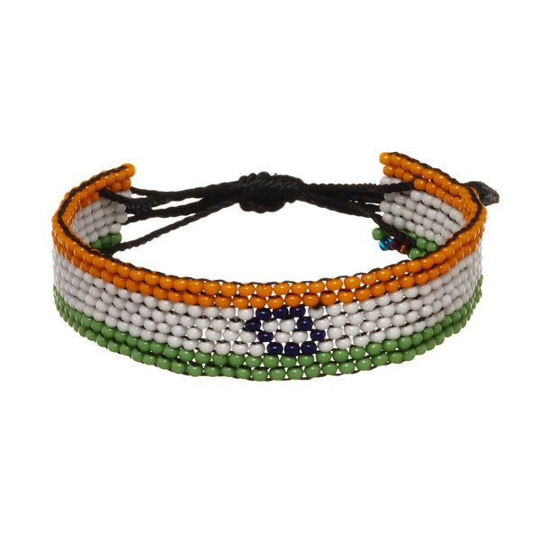 A beaded ArtiKen bracelet, handmade in Kenya, showcasing an India Flag, with orange, white, green, and blue beads. 